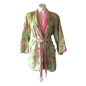 Lilly Pulitzer Pink and Green Floral Butterfly Print Terry Cloth Belted Robe